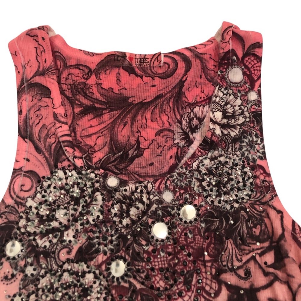 Boho Pink Tank Top with Floral Graphic Front & Back & Rhinestuds on Front Size L - Picture 2 of 6